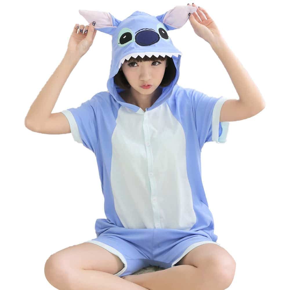 Summer Pajama Short Sleeve Kigurumis  Anime Blue Onesie Cute Funny Suit  Cotton Hooded Jumpsuit Animal Cat Panda Homewear 1