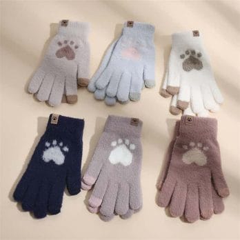 Fashion Cat Paw Printing Gloves Mobile Phone Touchscreen Knitted Gloves Winter Thick & Warm Adult Soft Fluffy Gloves Men's Women 3