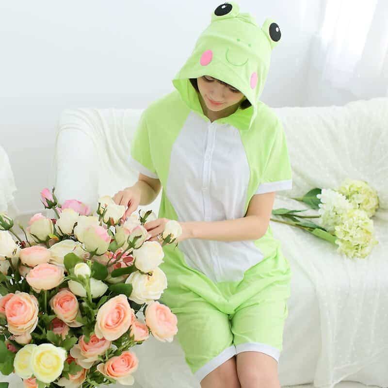Summer Pajama Short Sleeve Kigurumis  Anime Blue Onesie Cute Funny Suit  Cotton Hooded Jumpsuit Animal Cat Panda Homewear 4