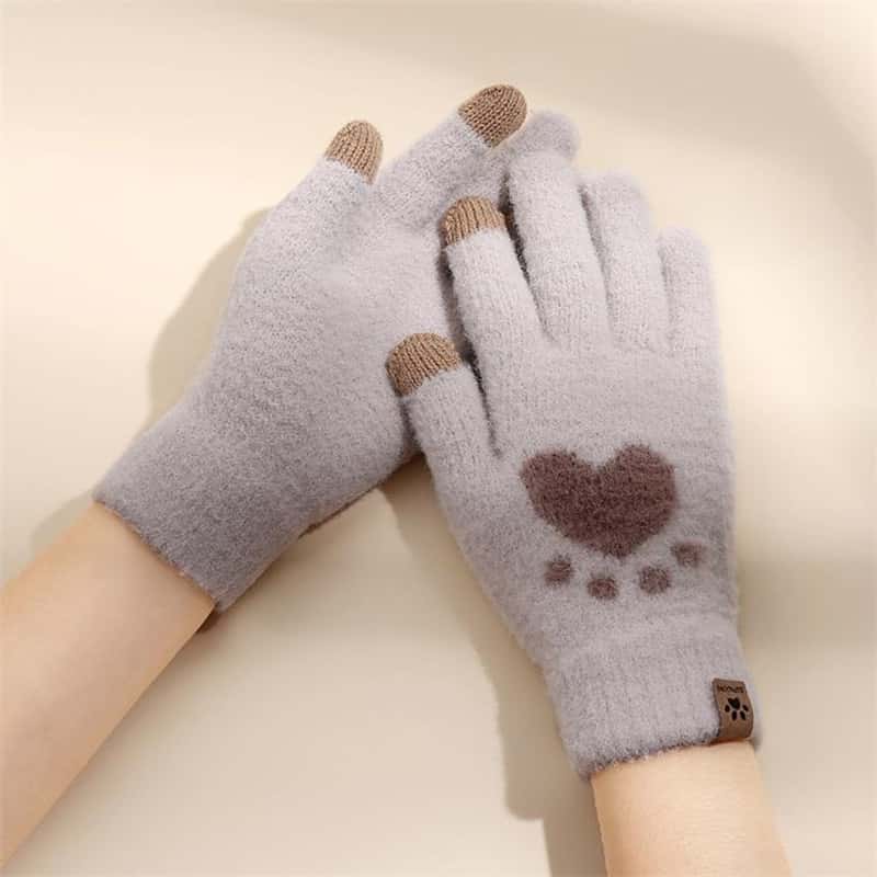 Fashion Cat Paw Printing Gloves Mobile Phone Touchscreen Knitted Gloves Winter Thick & Warm Adult Soft Fluffy Gloves Men's Women 5