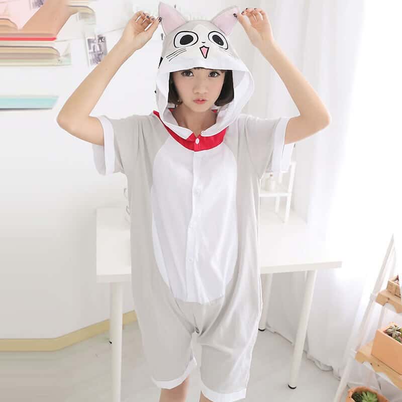 Summer Pajama Short Sleeve Kigurumis  Anime Blue Onesie Cute Funny Suit  Cotton Hooded Jumpsuit Animal Cat Panda Homewear 5