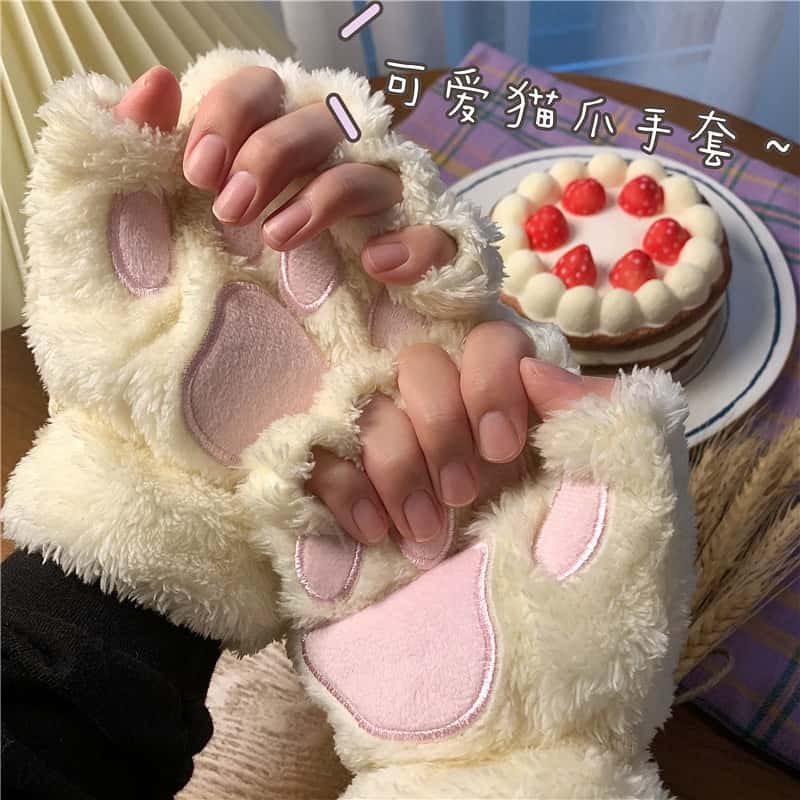 Fashion Girls Lovely Cat Claw Paw Plush Mittens Warm Soft Plush Short Fingerless women Leisure Bear Cat Gloves Half Finger Gifts 2