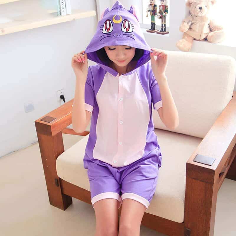 Summer Pajama Short Sleeve Kigurumis  Anime Blue Onesie Cute Funny Suit  Cotton Hooded Jumpsuit Animal Cat Panda Homewear 3