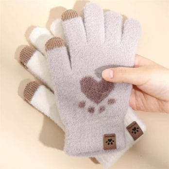 Fashion Cat Paw Printing Gloves Mobile Phone Touchscreen Knitted Gloves Winter Thick & Warm Adult Soft Fluffy Gloves Men's Women 4