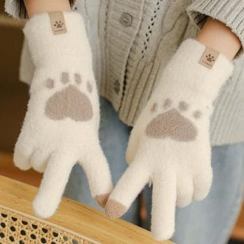 Fashion Cat Paw Printing Gloves Mobile Phone Touchscreen Knitted Gloves Winter Thick & Warm Adult Soft Fluffy Gloves Men's Women 1