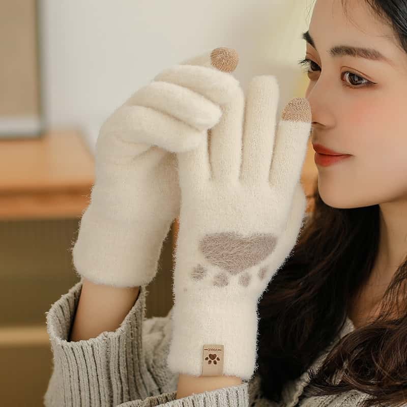 Fashion Cat Paw Printing Gloves Mobile Phone Touchscreen Knitted Gloves Winter Thick & Warm Adult Soft Fluffy Gloves Men's Women 6