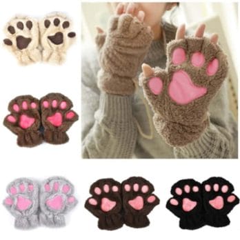 Fashion Girls Lovely Cat Claw Paw Plush Mittens Warm Soft Plush Short Fingerless women Leisure Bear Cat Gloves Half Finger Gifts 3
