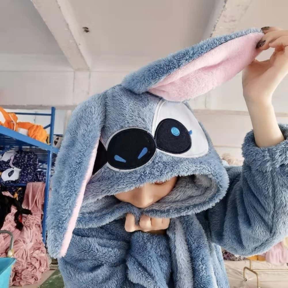 Kawaii Cartoon Rabbit Police Officer Blue Flannel Thickened Long Nightgown For Men Women With Ear Warm Coral Fleece Home Service 1