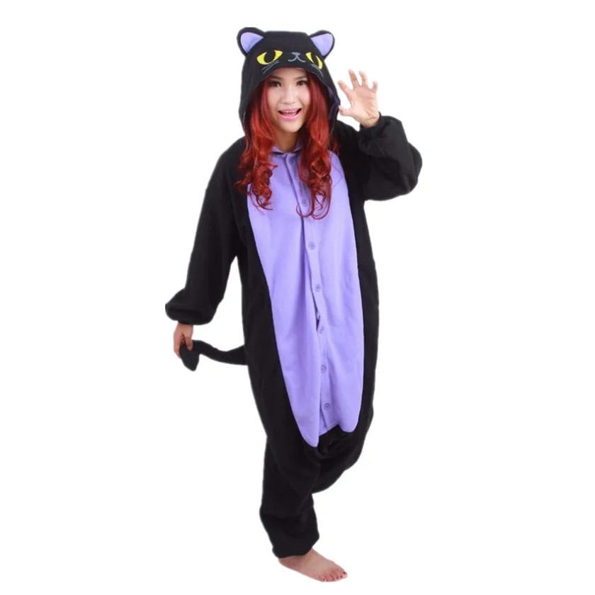 Adult's Polar Fleece Kigurumi Midnight Cat Cosplay Costumes Women Jumpsuit Pajamas Halloween Party Cosplay camouflage Costumes 1
