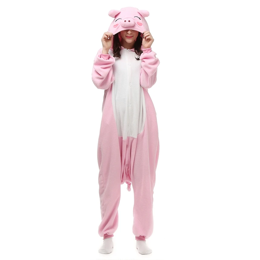 Adults Polar Fleece Pink Pig Kigurumi Women Cosplay Costume Men Cartoon Animal Onesies Pajama Halloween Carnival Party Jumpsuit 1