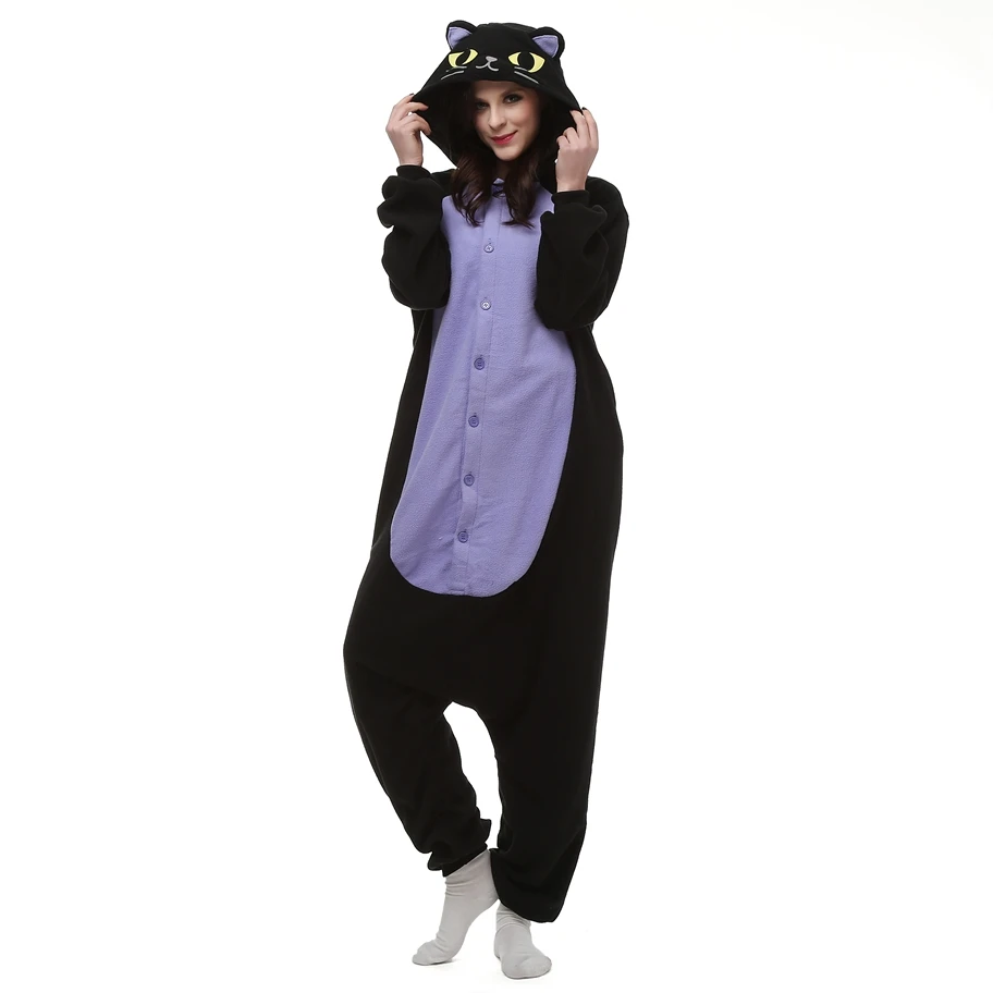 Adults Polar Fleece Kigurumi Women Men Midnight Cat Cosplay Costume Cartoon Onesies Pajama Halloween Carnival Party Jumpsuit 1