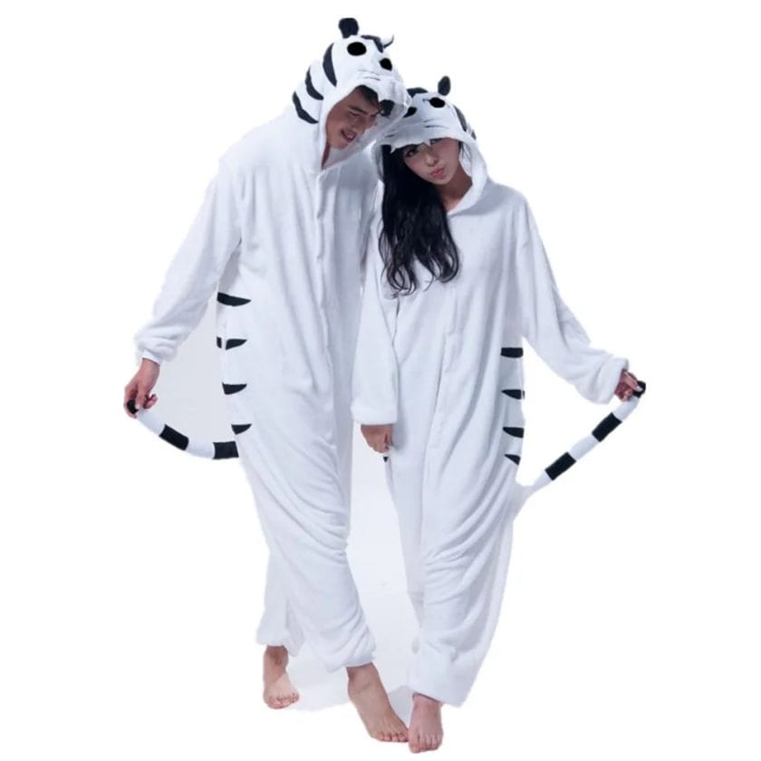 Adult Flannel Kigurumi White Tiger Animal Cosplay Costume Mens and Womens Onesies Pajama For Halloween Carnival Masquerade Party 1