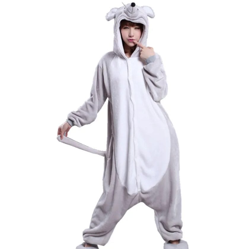 Adults Flannel Kigurumi Animal Costume Grey Rat Mice Womens or Men's Onesies Pajama for Halloween Carnival Party 1