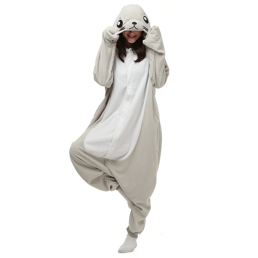 Women and Men Adults Polar Fleece Kigurumi Seal Costume Cartoon Animal Sea Dog Onesies Pajama Halloween Carnival Party Jumpsuit 1