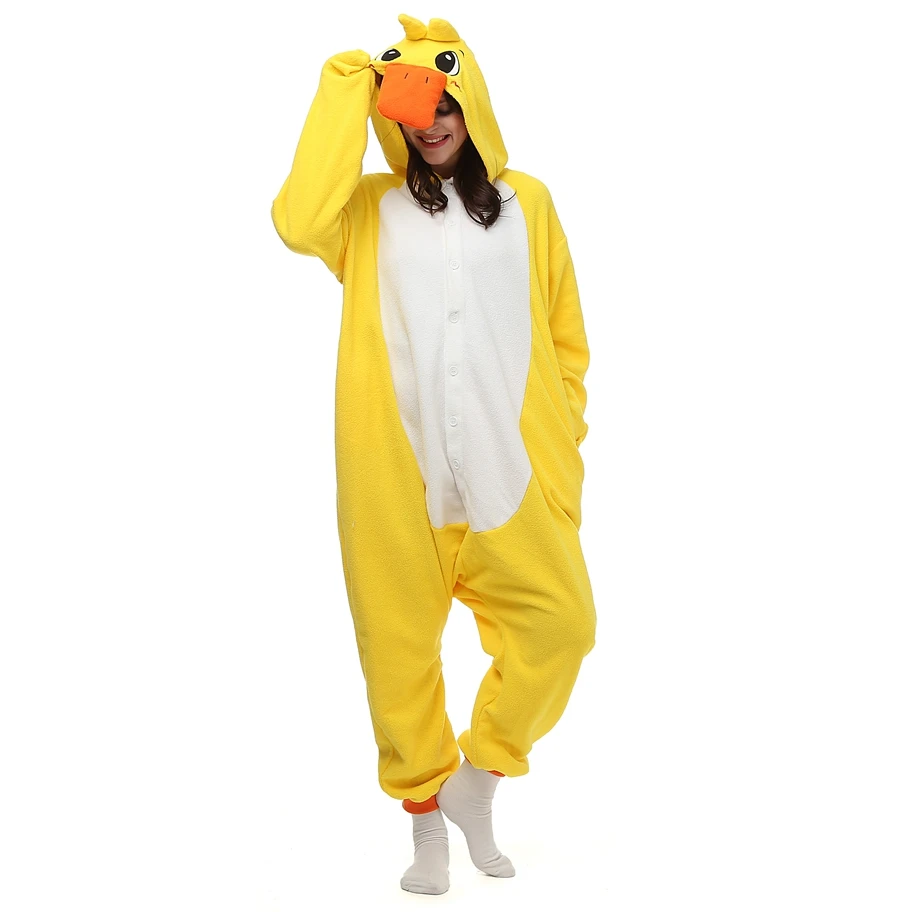Adults Polar Fleece Kigurumi Women Little Yellow Duck Costume Men Animal Onesies Pajamas Halloween Carnival Party Jumpsuit 1