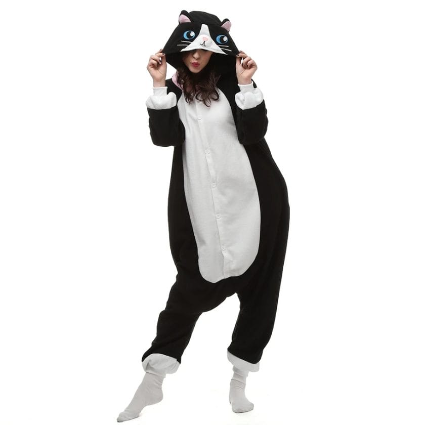 Adults Polar Fleece Kigurumi Women Black Cat Cosplay Costume Men Cartoon Onesies Pajama Halloween Carnival Party Jumpsuit 1