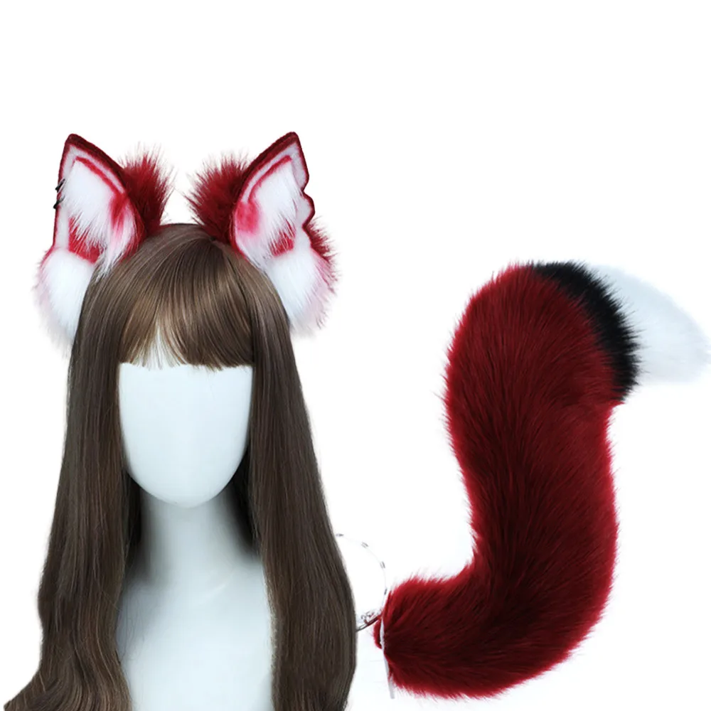 Simulated Red Wolf Furry Tail Ear Animal Headband Lolita Cosplay Accessories Club Pub Masquerade Party Women's Props 1